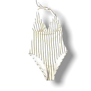 NEW ivory white with vertical blue stripes one piece bathing suit Sz M